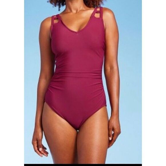 Women's Cut Out Strap One Piece Swimsuit - Aqua Green® Dark Red m - Picture 6 of 7
